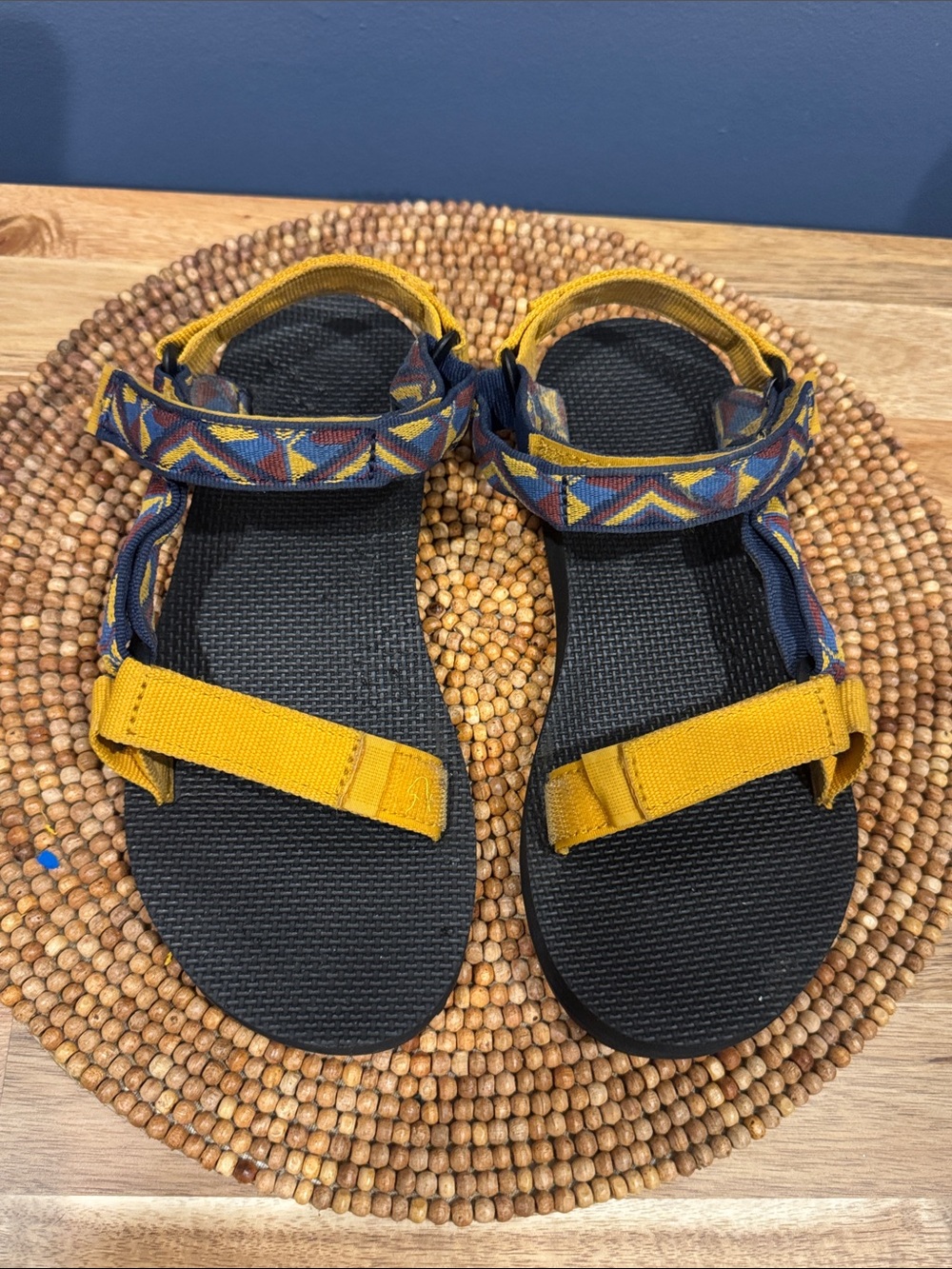 Teva Yellow and Navy Geometric Strap Sandals